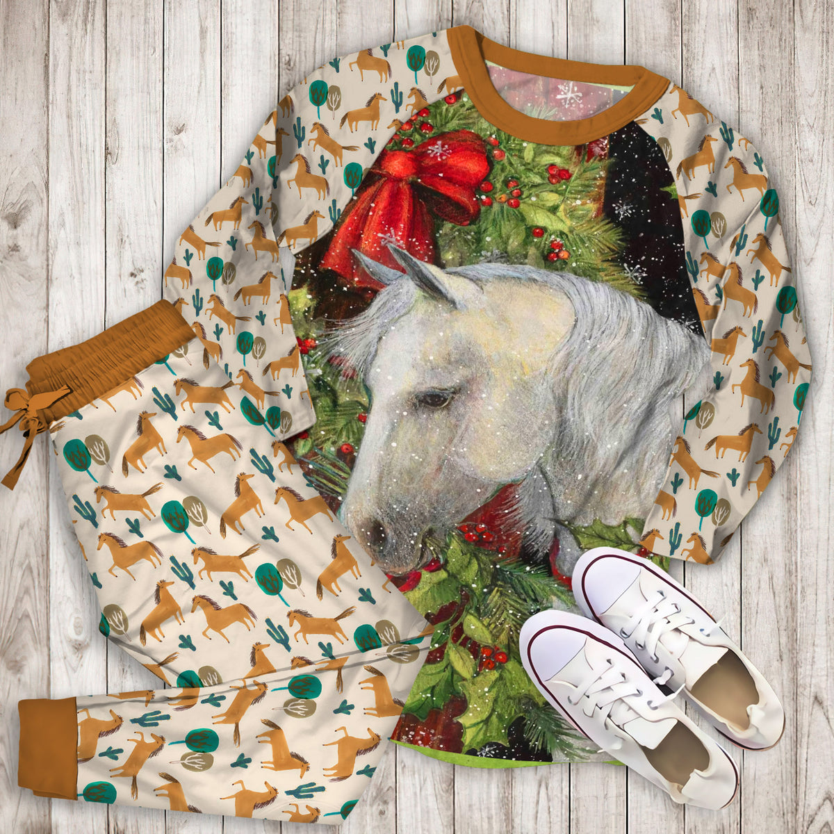 Horse Christmas Pajama Set | Pajamas | Cotton Sleepwear Sets | Soft Long Sleeve Pjs | Raglan Shirt and Pants Set