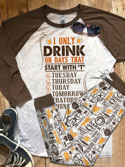 Beer Set Start With T Pajama Set |Sleepwear Pjs Sets | Raglan Shirt Pants Set