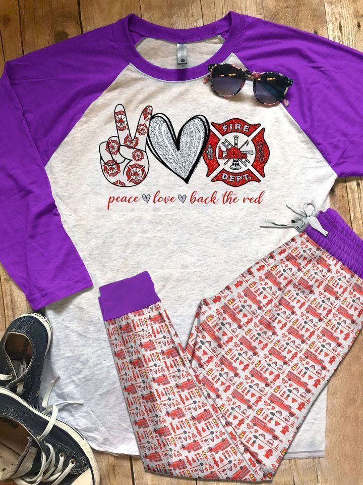 Firefighter I Love Pajama Set |Sleepwear Pjs Sets | Raglan Shirt Pants Set