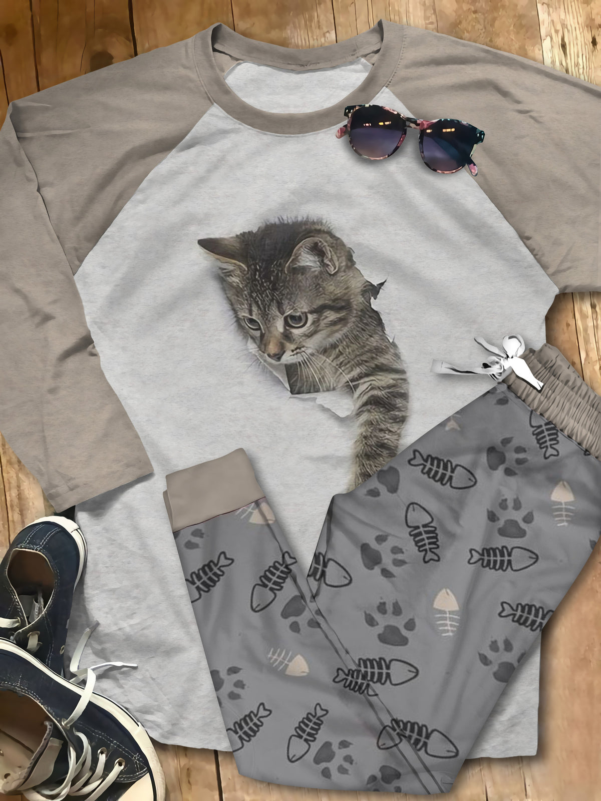 Cat Colors Gray Best Pajama Set |Sleepwear Pjs Sets | Raglan Shirt Pants Set