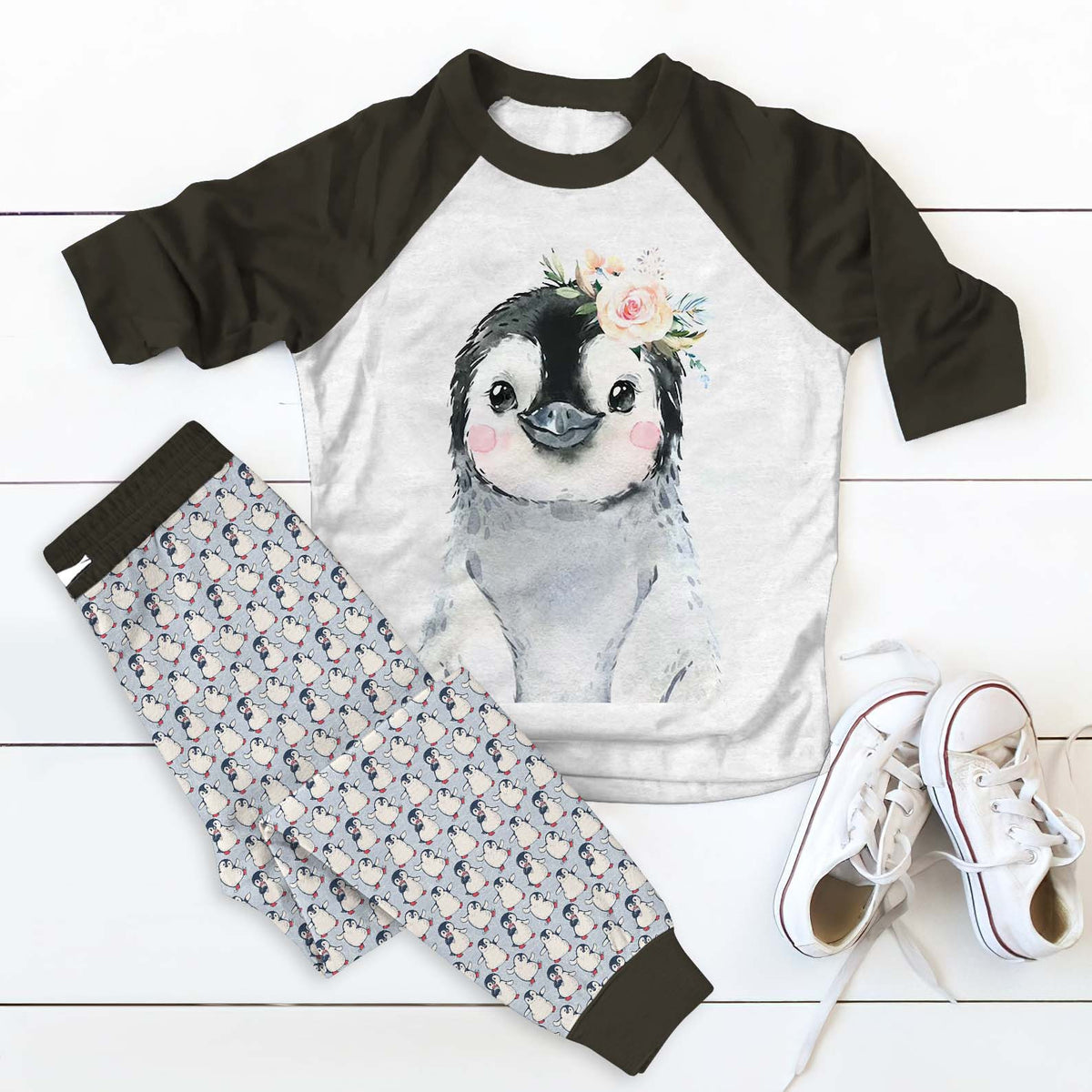Penguin The Cutest Personalized Name Pajama Set |Sleepwear Pjs Sets | Raglan Shirt Pants Set