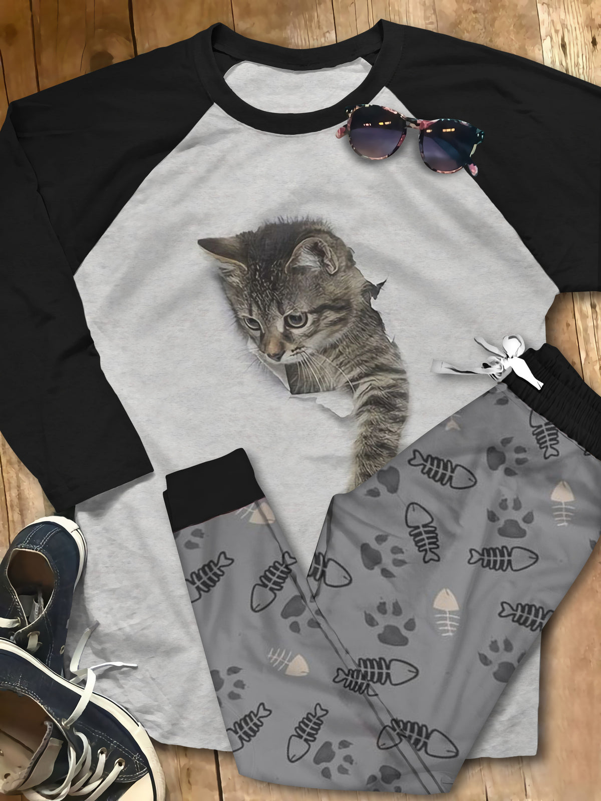 Cat Colors Gray Best Pajama Set |Sleepwear Pjs Sets | Raglan Shirt Pants Set