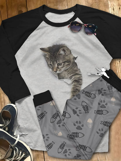 Cat Colors Gray Best Pajama Set |Sleepwear Pjs Sets | Raglan Shirt Pants Set