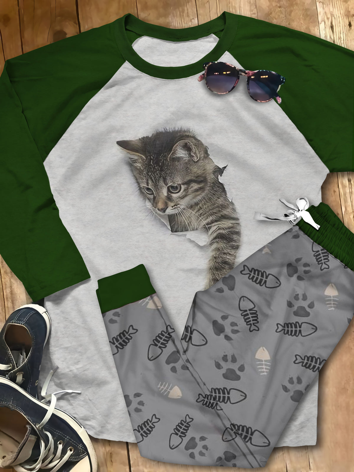 Cat Colors Gray Best Pajama Set |Sleepwear Pjs Sets | Raglan Shirt Pants Set