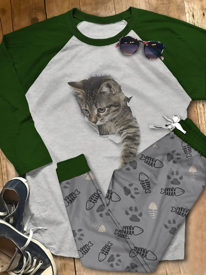 Cat Colors Gray Best Pajama Set |Sleepwear Pjs Sets | Raglan Shirt Pants Set