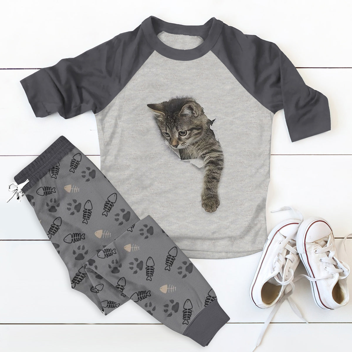 Cat Colors Gray Best Pajama Set |Sleepwear Pjs Sets | Raglan Shirt Pants Set