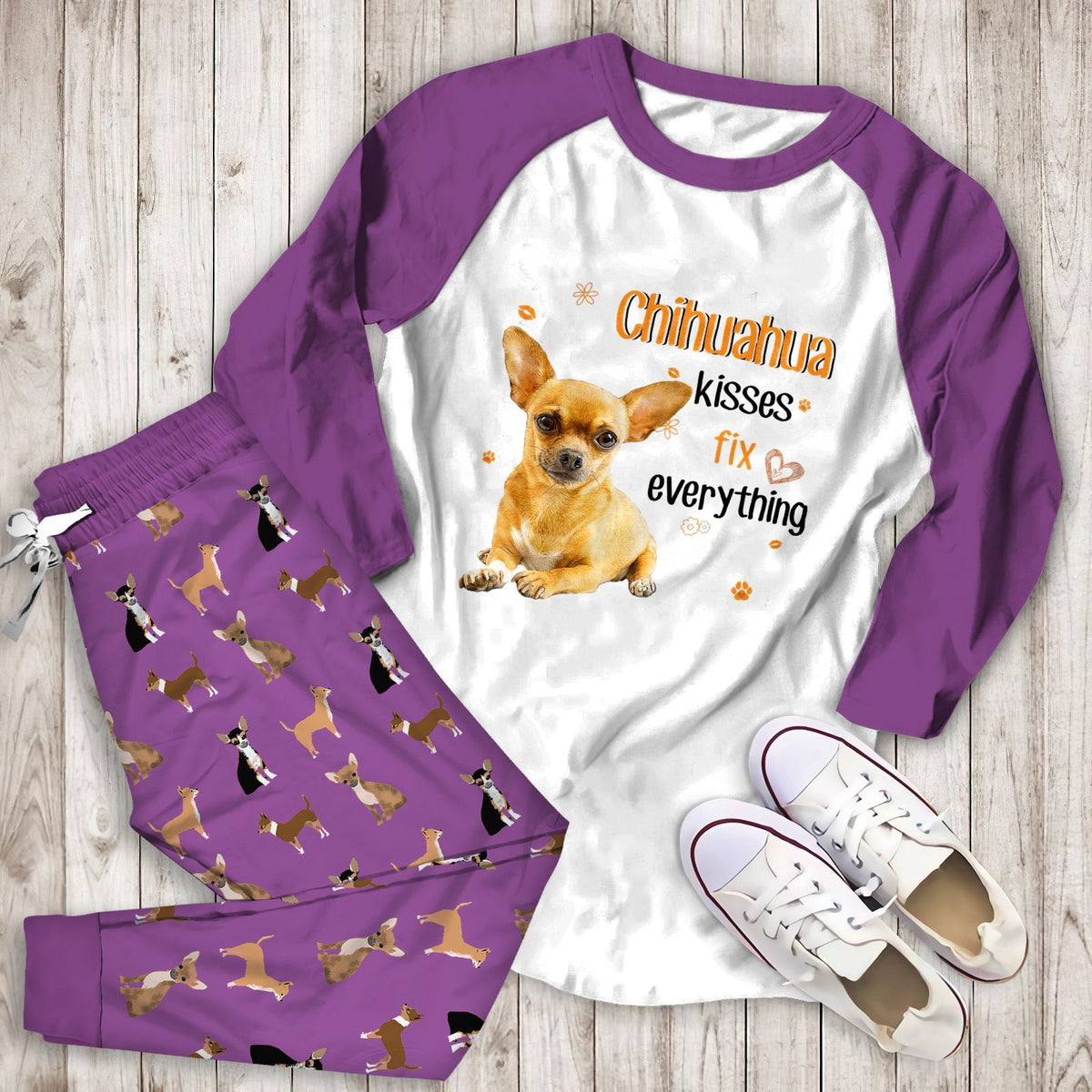 Chihuahua Chihuahua Kisses Abc Pajama Set |Sleepwear Pjs Sets | Raglan Shirt Pants Set