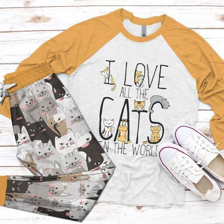 Cat I Love Yellow Best Pajama Set |Sleepwear Pjs Sets | Raglan Shirt Pants Set