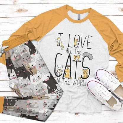 Cat I Love Yellow Best Pajama Set |Sleepwear Pjs Sets | Raglan Shirt Pants Set