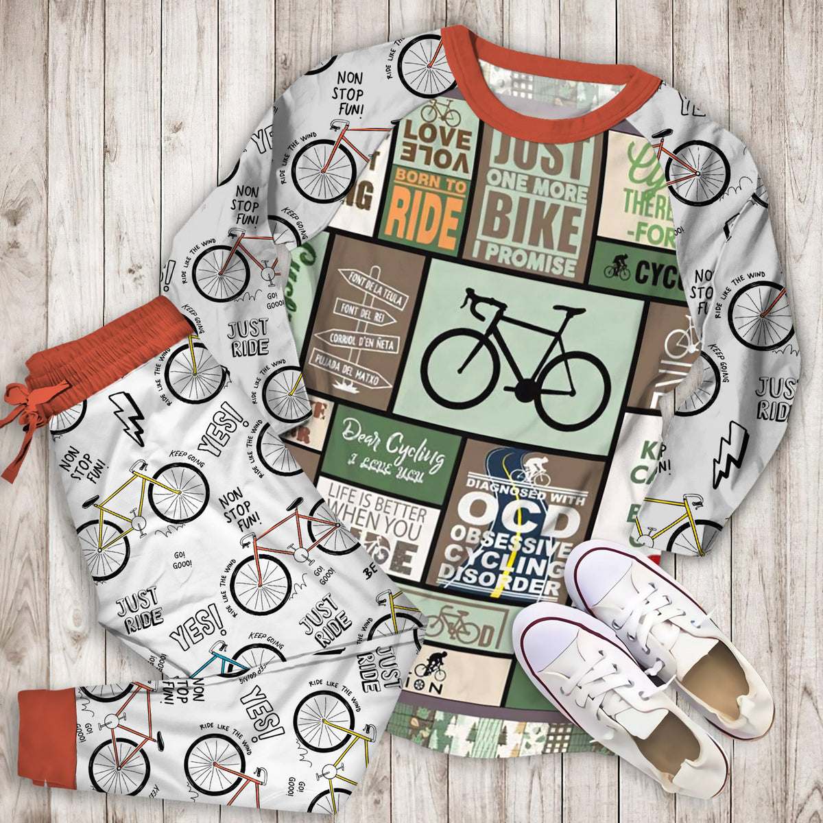 Cycling Pajama Set | Pajamas | Cotton Sleepwear Sets | Soft Long Sleeve Pjs | Raglan Shirt and Pants Set