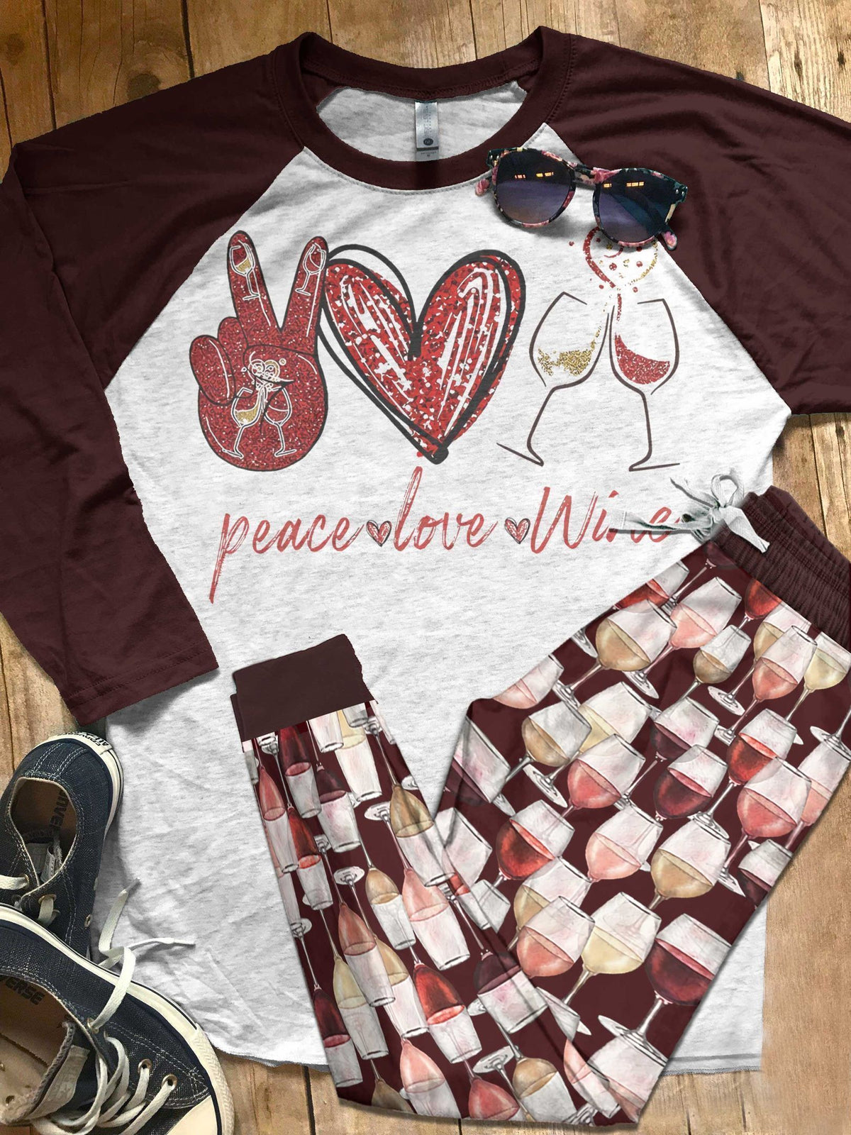 Wine Peace Love Wine Brown High Quality Pajama Set |Sleepwear Pjs Sets | Raglan Shirt Pants Set