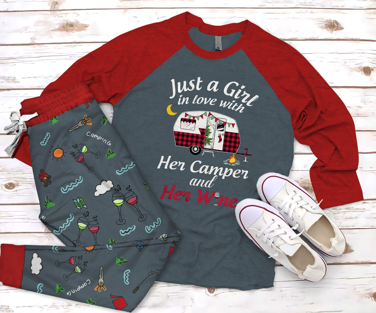Camping A Girl Love Her Camper And Her Wine Pajama Set |Sleepwear Pjs Sets | Raglan Shirt Pants Set