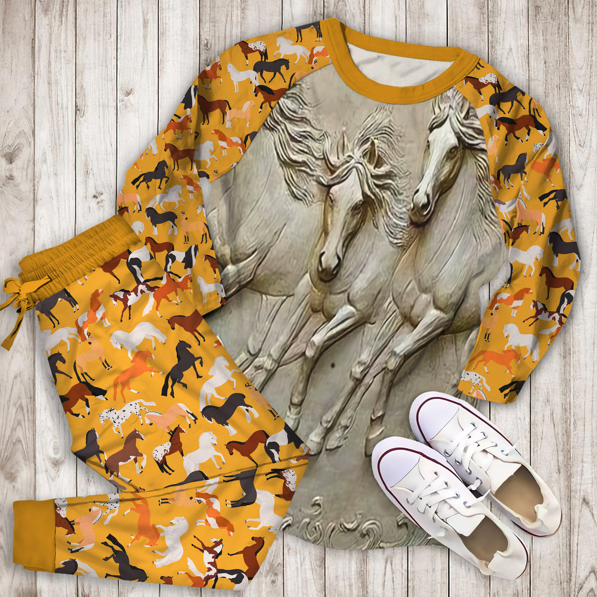 Horse Pajama Set | Pajamas | Cotton Sleepwear Sets | Soft Long Sleeve Pjs | Raglan Shirt and Pants Set