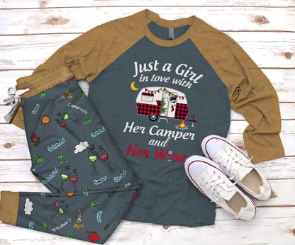 Camping A Girl Love Her Camper And Her Wine Pajama Set |Sleepwear Pjs Sets | Raglan Shirt Pants Set