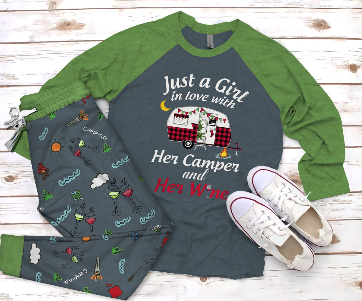 Camping A Girl Love Her Camper And Her Wine Pajama Set |Sleepwear Pjs Sets | Raglan Shirt Pants Set