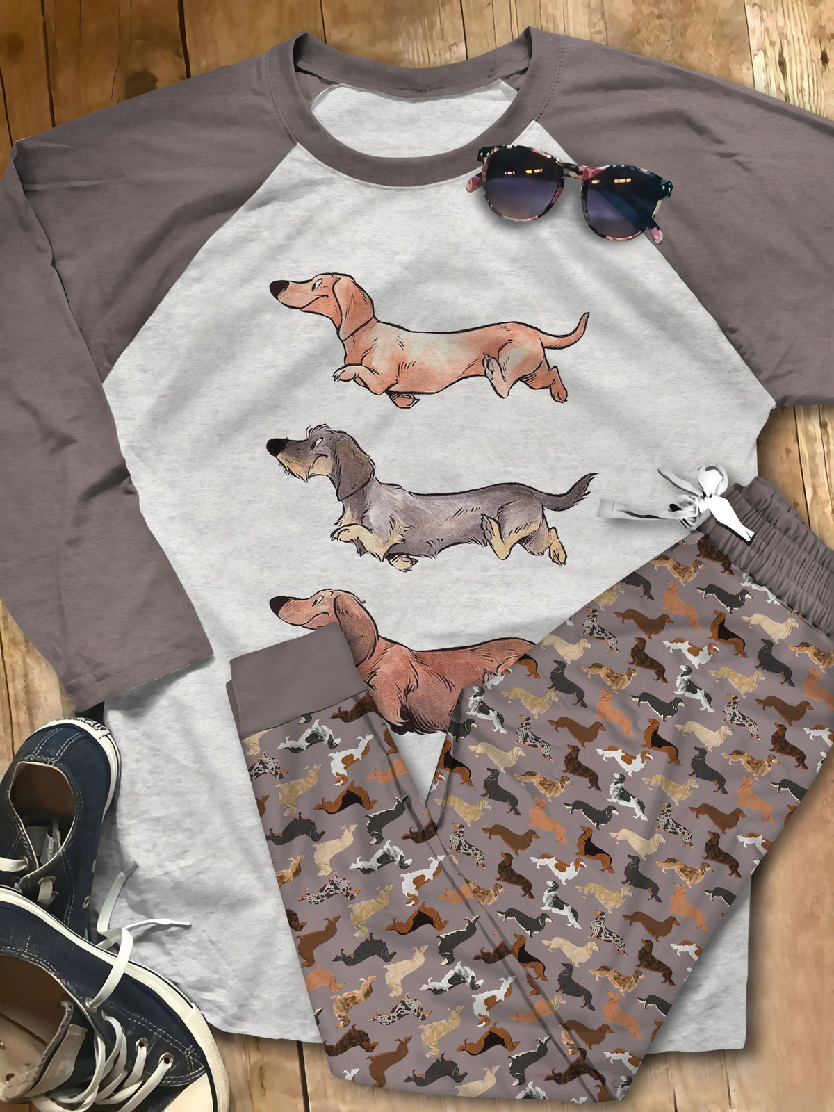 Dachshund Funny Dogs Aae Pajama Set |Sleepwear Pjs Sets | Raglan Shirt Pants Set