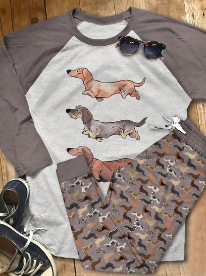 Dachshund Funny Dogs Aae Pajama Set |Sleepwear Pjs Sets | Raglan Shirt Pants Set