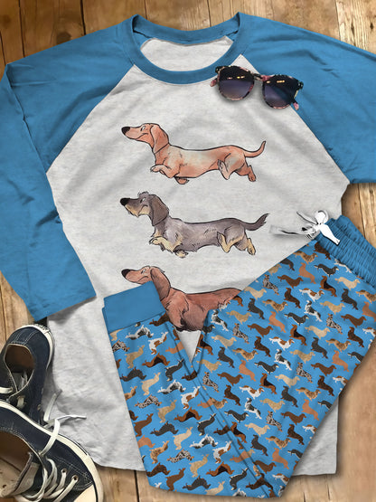 Dachshund Funny Dogs Aae Pajama Set |Sleepwear Pjs Sets | Raglan Shirt Pants Set