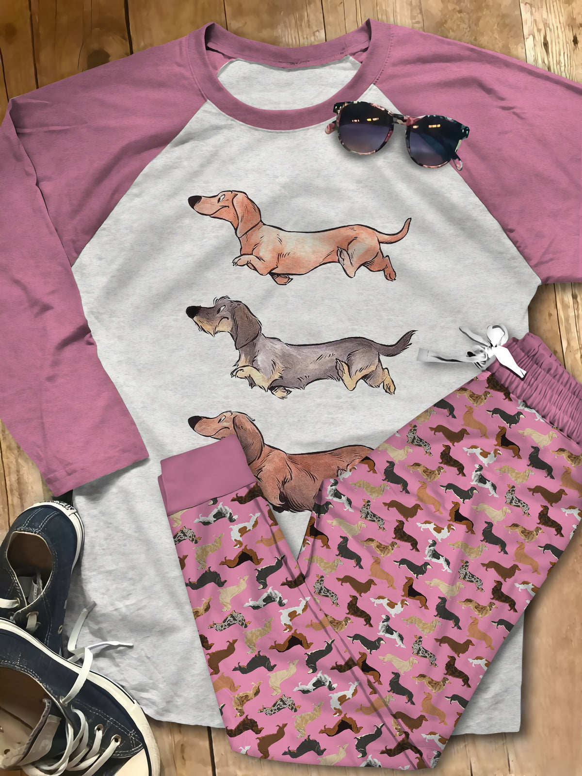 Dachshund Funny Dogs Aae Pajama Set |Sleepwear Pjs Sets | Raglan Shirt Pants Set