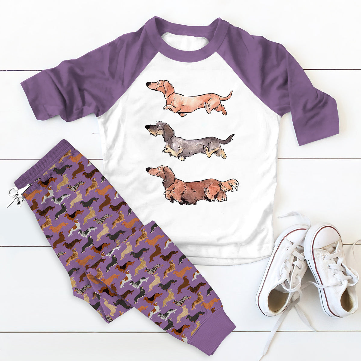 Dachshund Funny Dogs Aae Pajama Set |Sleepwear Pjs Sets | Raglan Shirt Pants Set