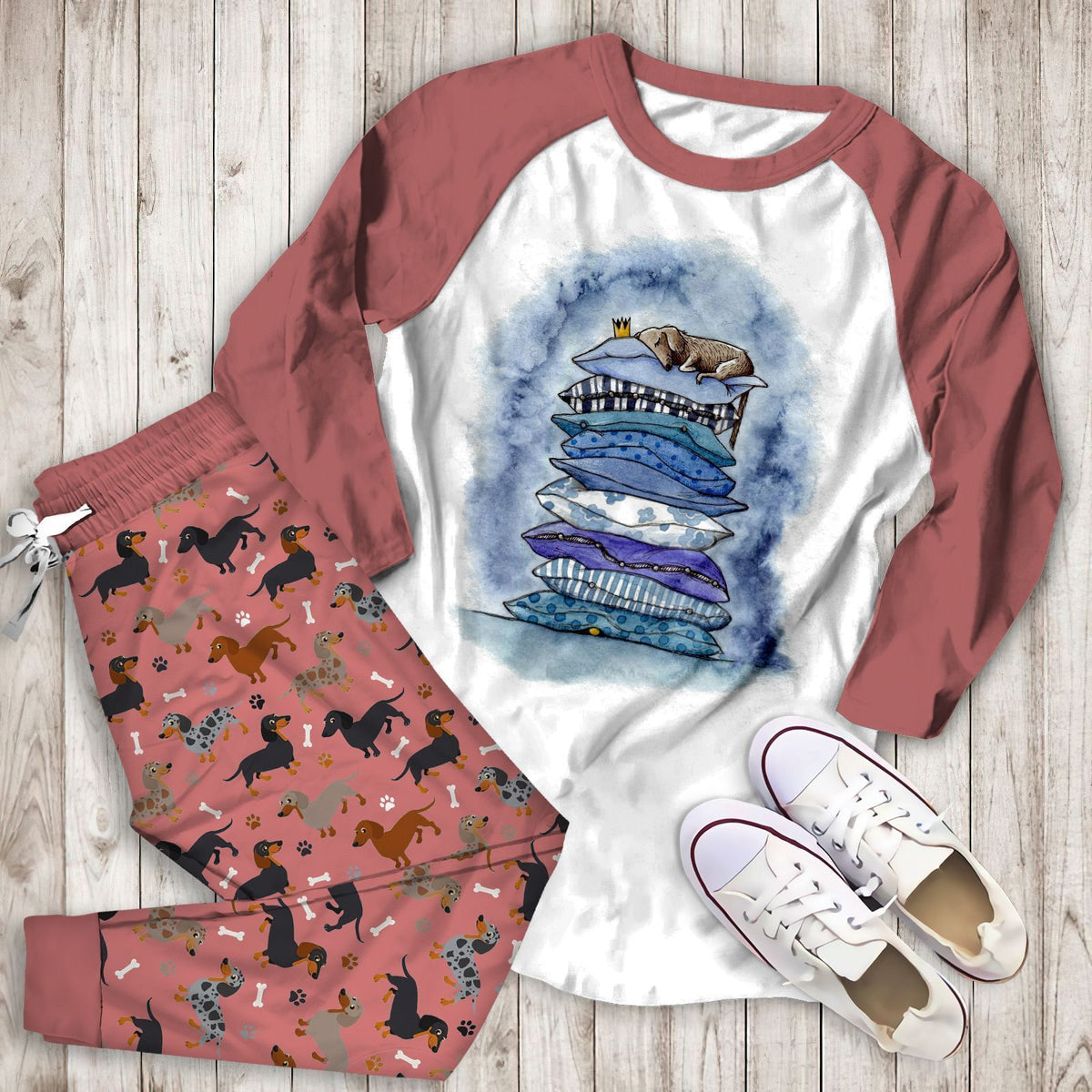 Dachshund Sweet Dream Aaw Pajama Set |Sleepwear Pjs Sets | Raglan Shirt Pants Set