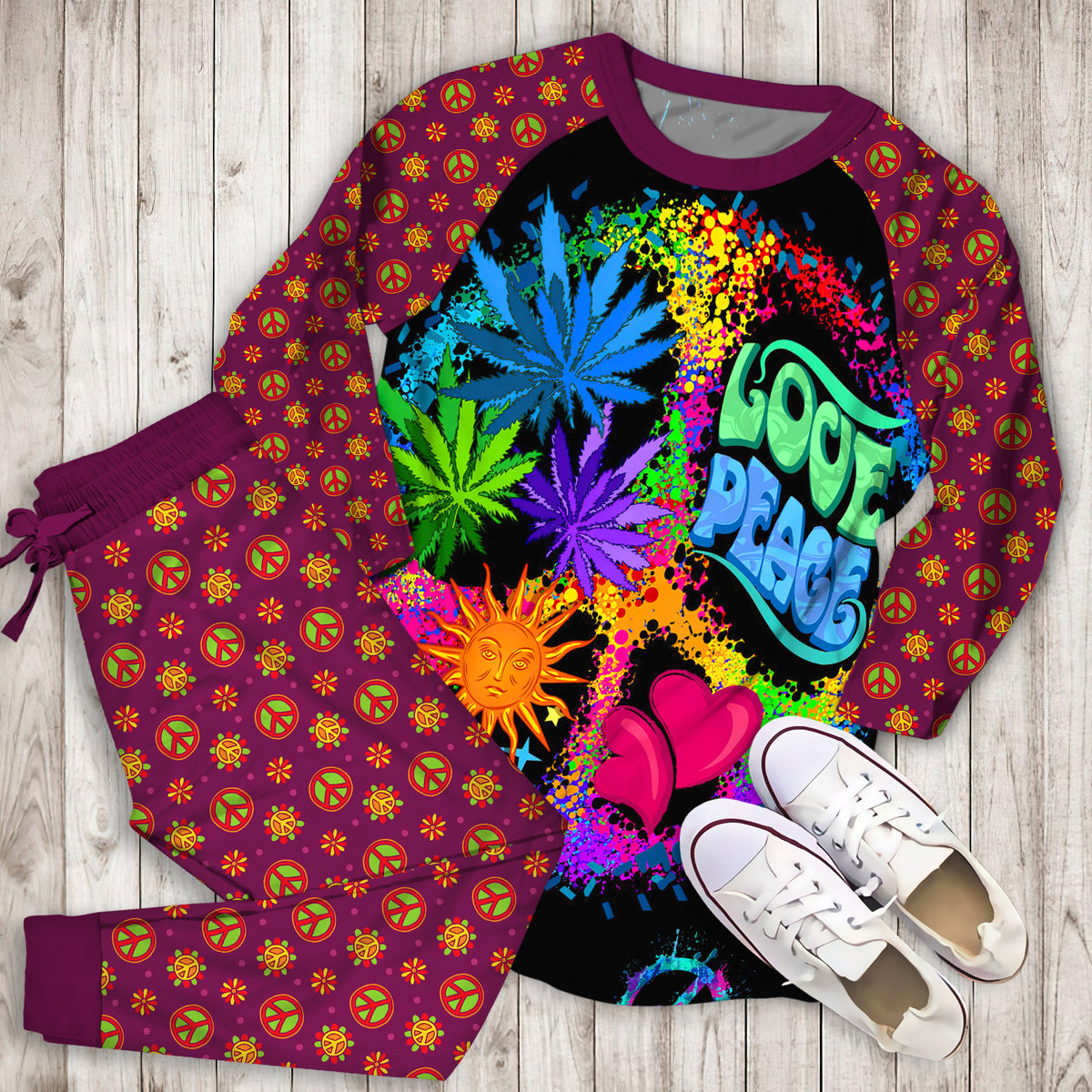 Hippie Pajama Set | Pajamas | Cotton Sleepwear Sets | Soft Long Sleeve Pjs | Raglan Shirt and Pants Set