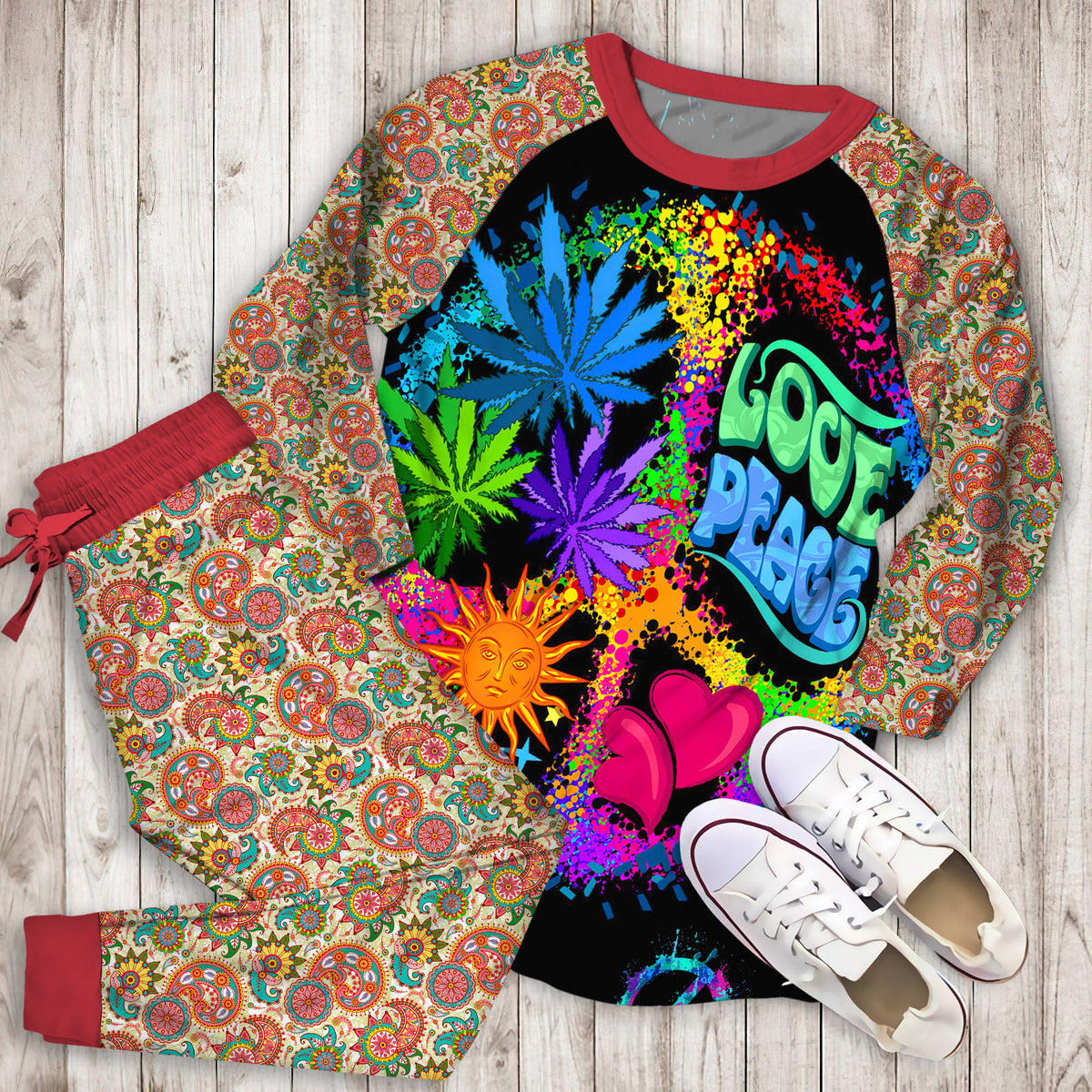 Hippie Pajama Set | Pajamas | Cotton Sleepwear Sets | Soft Long Sleeve Pjs | Raglan Shirt and Pants Set