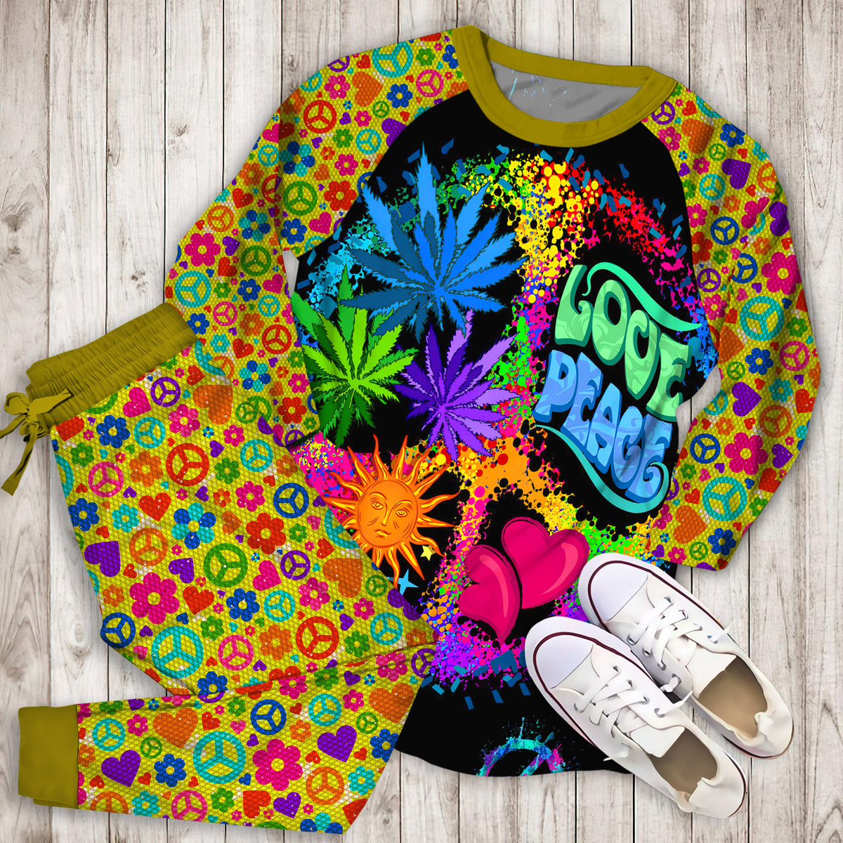 Hippie Pajama Set | Pajamas | Cotton Sleepwear Sets | Soft Long Sleeve Pjs | Raglan Shirt and Pants Set