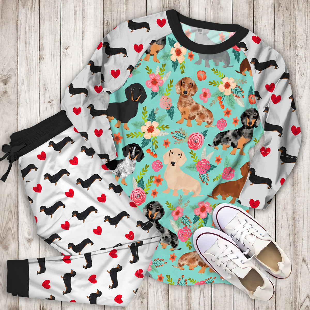 Dachshund Pajama Set | Pajamas | Cotton Sleepwear Sets | Soft Long Sleeve Pjs | Raglan Shirt and Pants Set