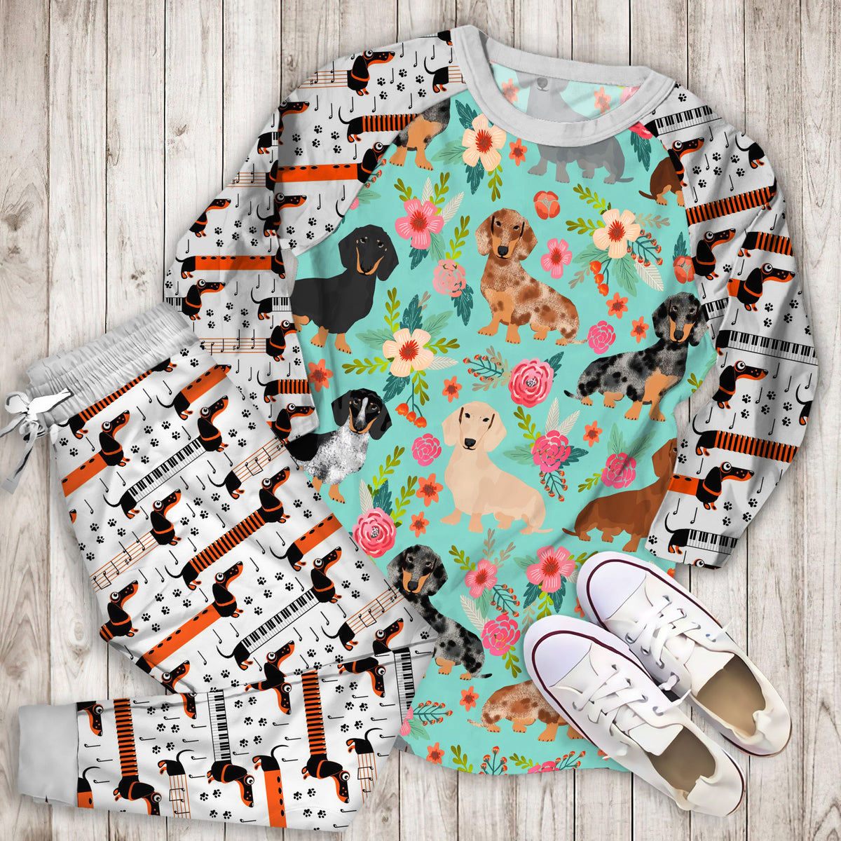 Dachshund Pajama Set | Pajamas | Cotton Sleepwear Sets | Soft Long Sleeve Pjs | Raglan Shirt and Pants Set