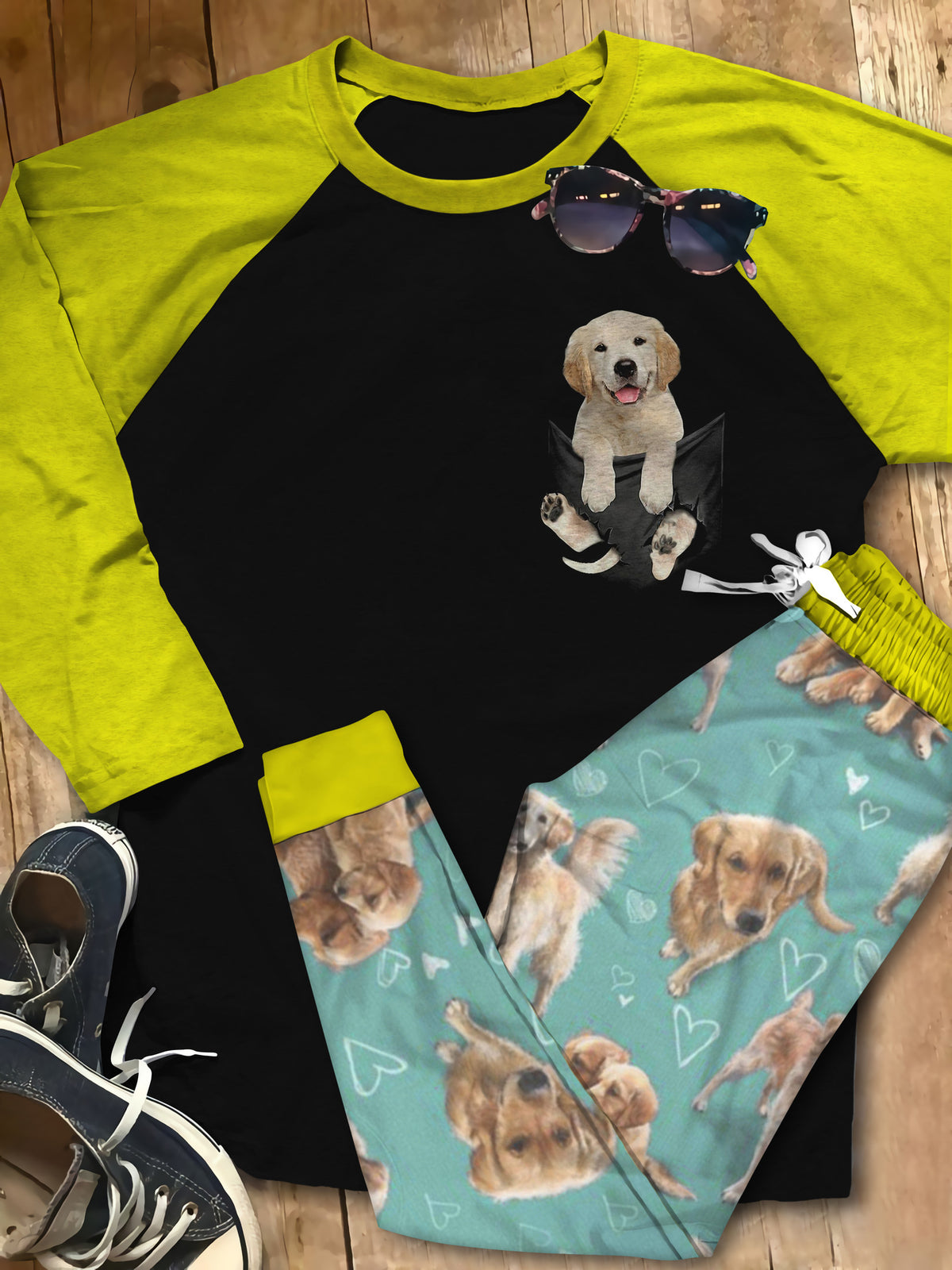 Golden Retriever So Cute Pajama Set |Sleepwear Pjs Sets | Raglan Shirt Pants Set