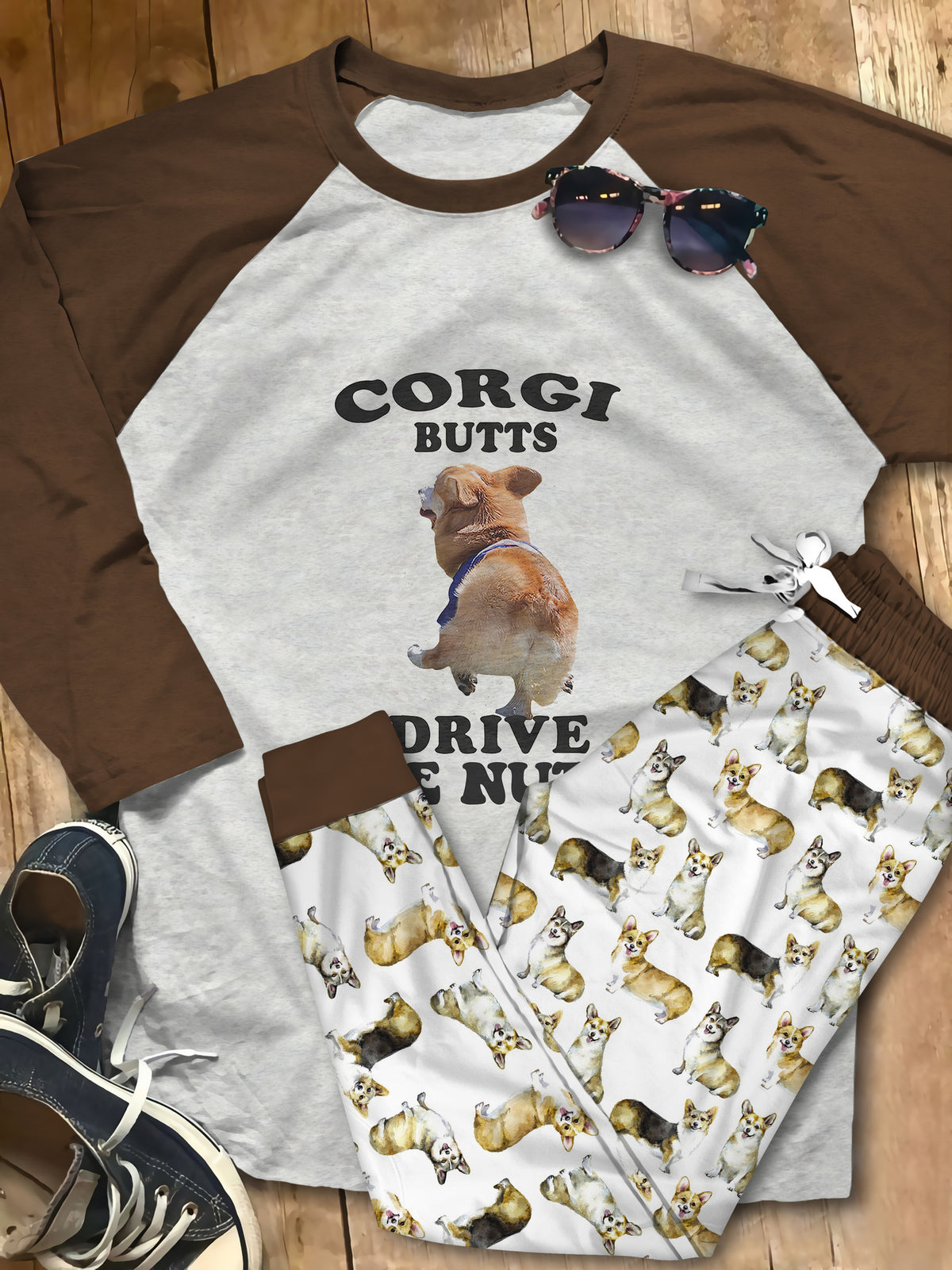 Corgi Corgi Butt Pajama Set |Sleepwear Pjs Sets | Raglan Shirt Pants Set