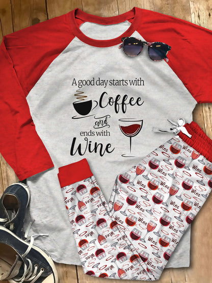 Wine A Good Day Acf Pajama Set |Sleepwear Pjs Sets | Raglan Shirt Pants Set
