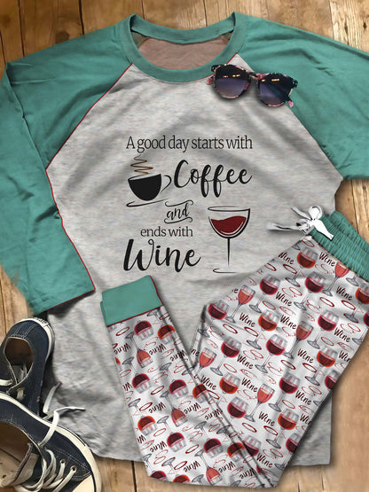 Wine A Good Day Acf Pajama Set |Sleepwear Pjs Sets | Raglan Shirt Pants Set