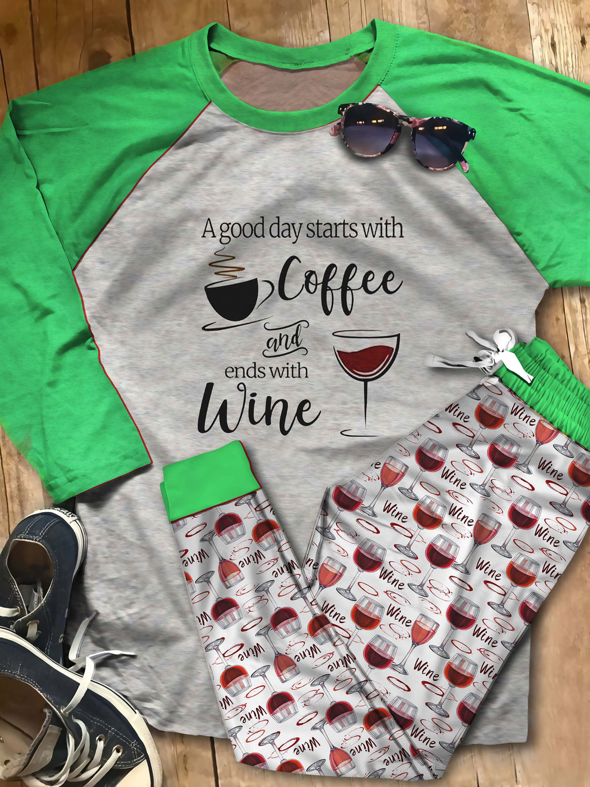Wine A Good Day Acf Pajama Set |Sleepwear Pjs Sets | Raglan Shirt Pants Set