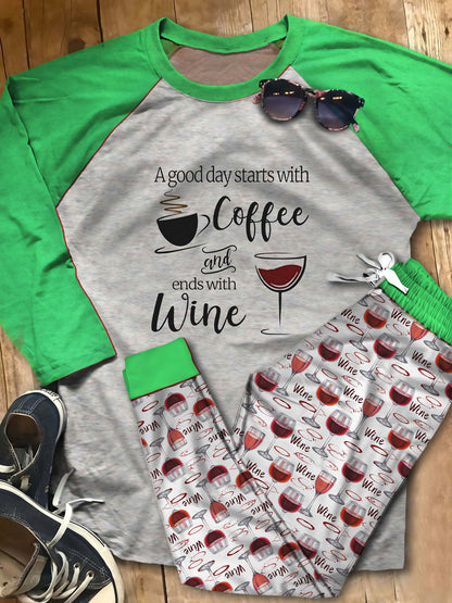 Wine A Good Day Acf Pajama Set |Sleepwear Pjs Sets | Raglan Shirt Pants Set
