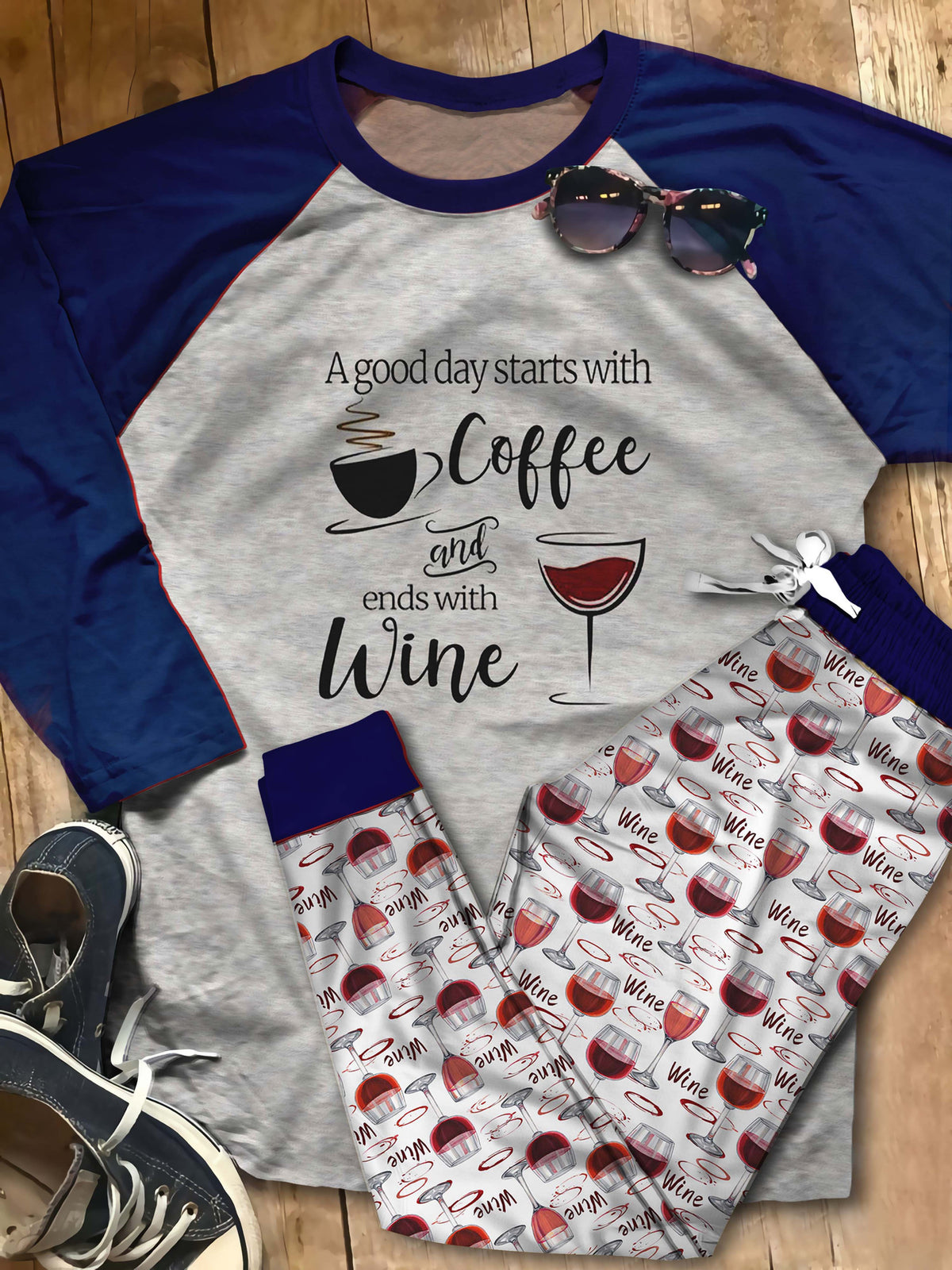 Wine A Good Day Acf Pajama Set |Sleepwear Pjs Sets | Raglan Shirt Pants Set