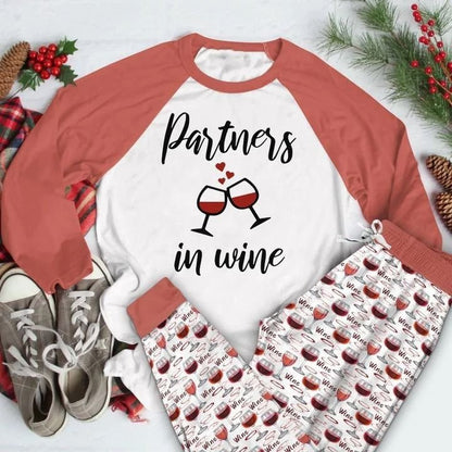 Wine Partners In Wine Aak Pajama Set |Sleepwear Pjs Sets | Raglan Shirt Pants Set