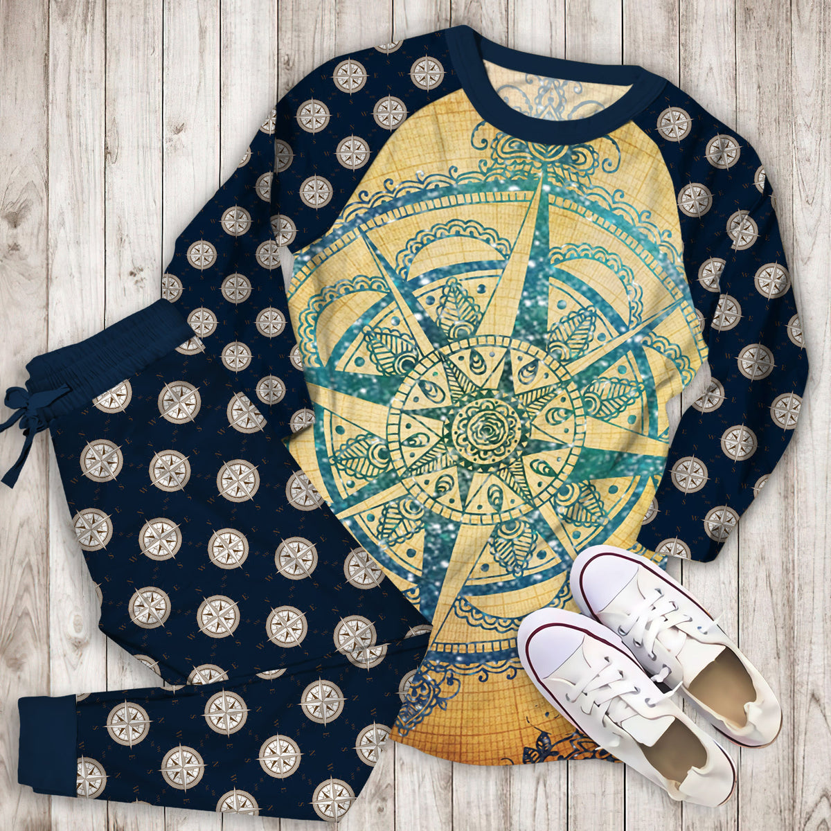 Compass Mandala Pajama Set |Sleepwear Pjs Sets | Raglan Shirt Pants Set