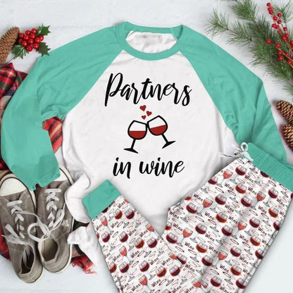 Wine Partners In Wine Aak Pajama Set |Sleepwear Pjs Sets | Raglan Shirt Pants Set
