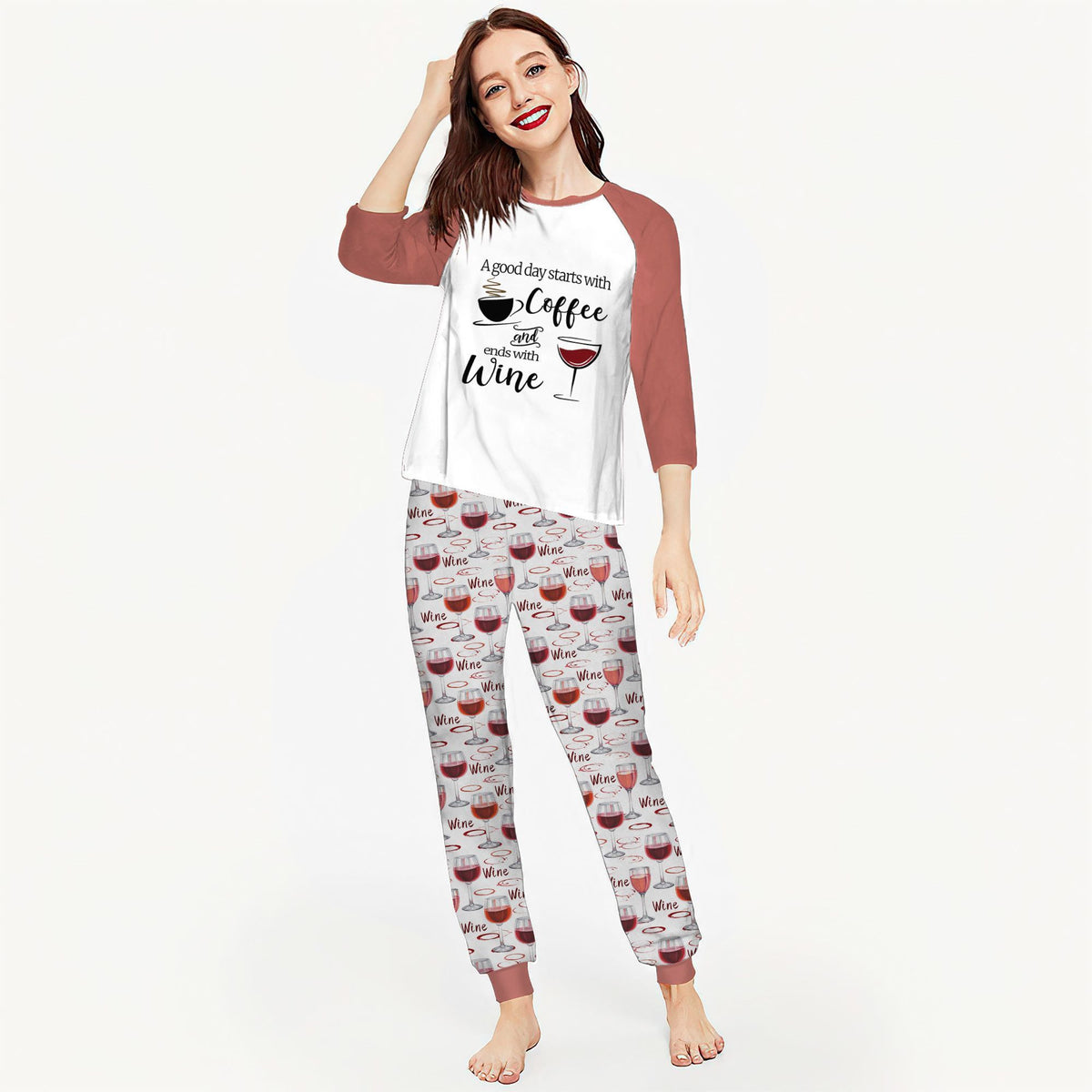 Wine A Good Day Acf Pajama Set |Sleepwear Pjs Sets | Raglan Shirt Pants Set