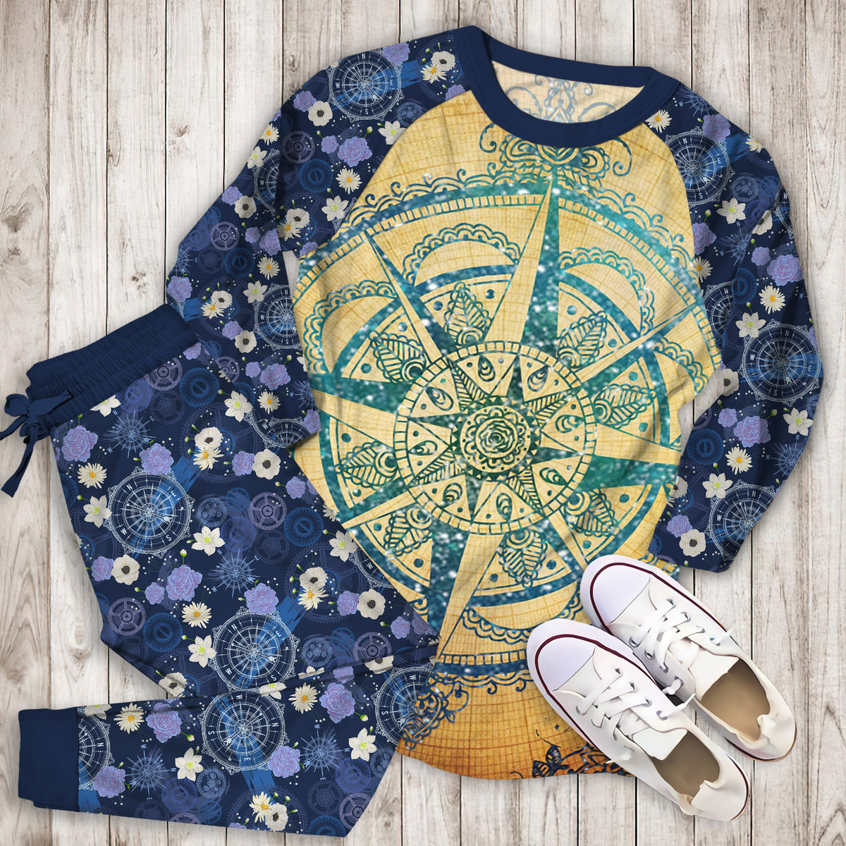 Compass Mandala Pajama Set |Sleepwear Pjs Sets | Raglan Shirt Pants Set