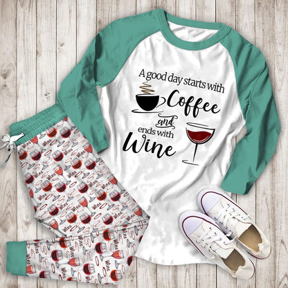 Wine A Good Day Acf Pajama Set |Sleepwear Pjs Sets | Raglan Shirt Pants Set