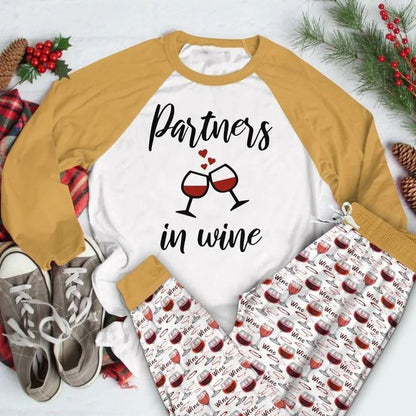 Wine Partners In Wine Aak Pajama Set |Sleepwear Pjs Sets | Raglan Shirt Pants Set