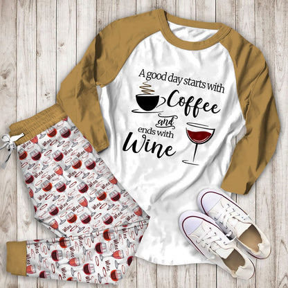 Wine A Good Day Acf Pajama Set |Sleepwear Pjs Sets | Raglan Shirt Pants Set
