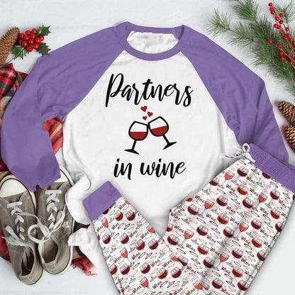 Wine Partners In Wine Aak Pajama Set |Sleepwear Pjs Sets | Raglan Shirt Pants Set