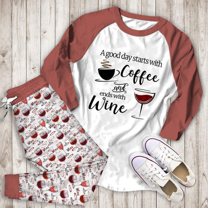 Wine A Good Day Acf Pajama Set |Sleepwear Pjs Sets | Raglan Shirt Pants Set