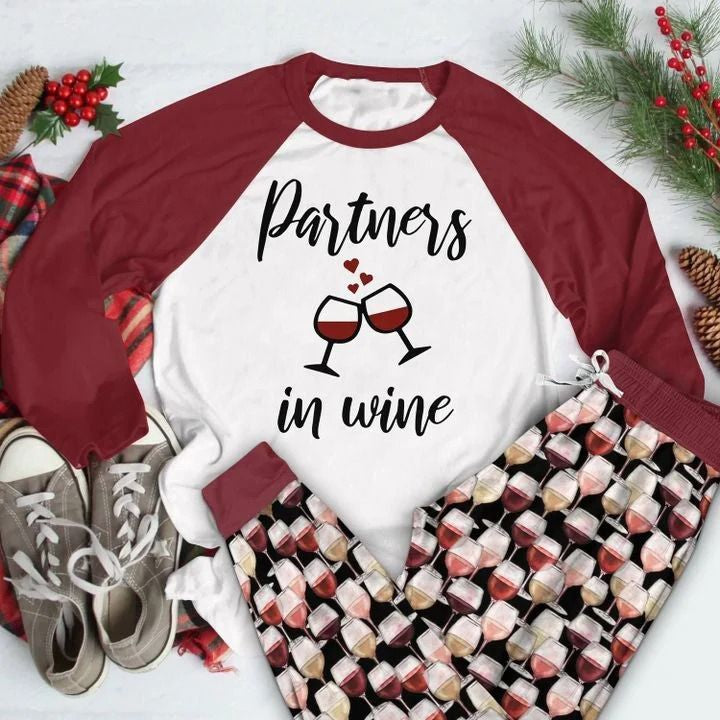 Wine Partners In Wine Aak Pajama Set |Sleepwear Pjs Sets | Raglan Shirt Pants Set