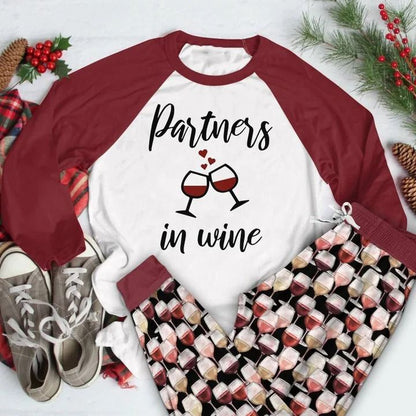 Wine Partners In Wine Aak Pajama Set |Sleepwear Pjs Sets | Raglan Shirt Pants Set