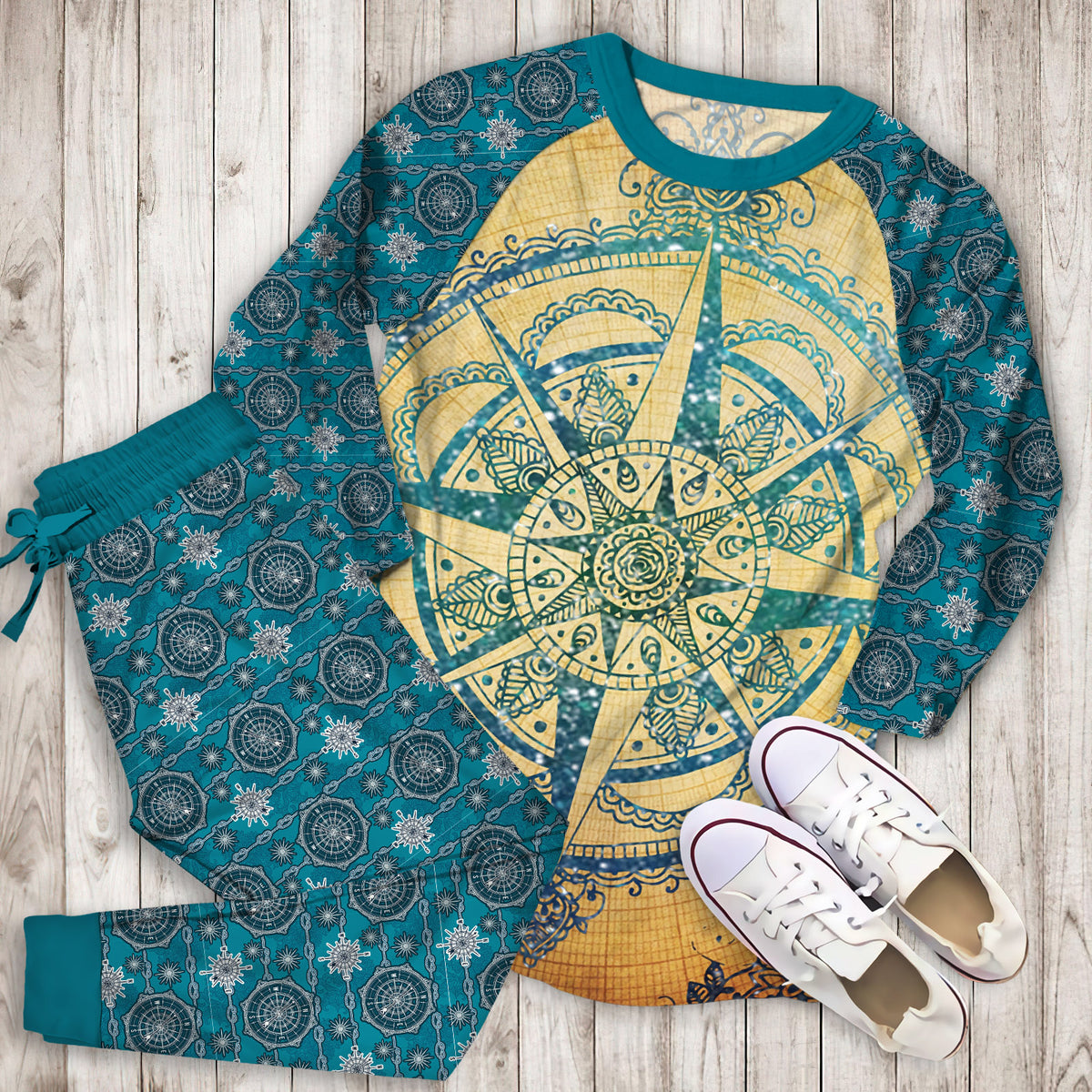 Compass Mandala Pajama Set |Sleepwear Pjs Sets | Raglan Shirt Pants Set